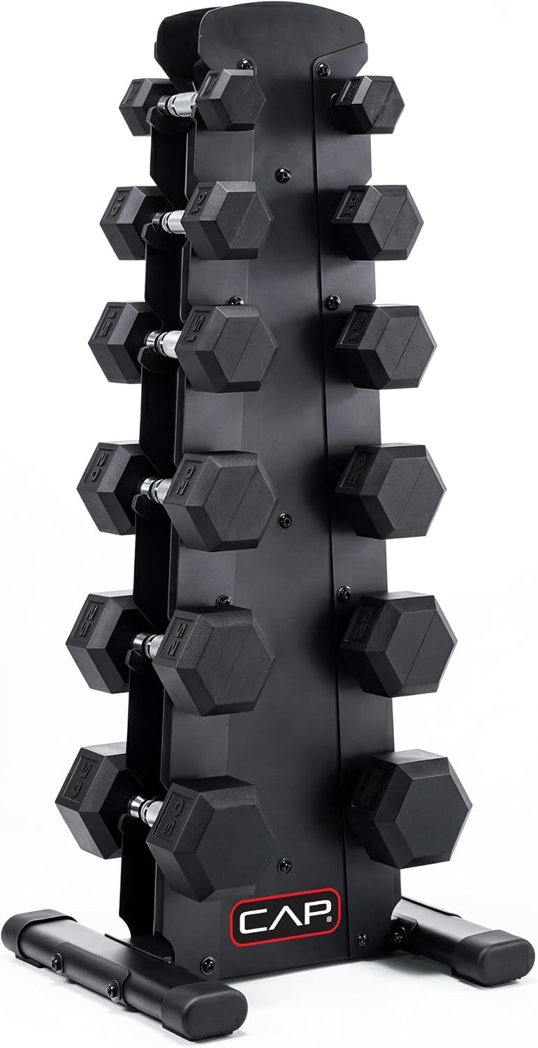 CAP Rubber Coated Hex Dumbbell Set with Storage Rack | 100–210 lb Options